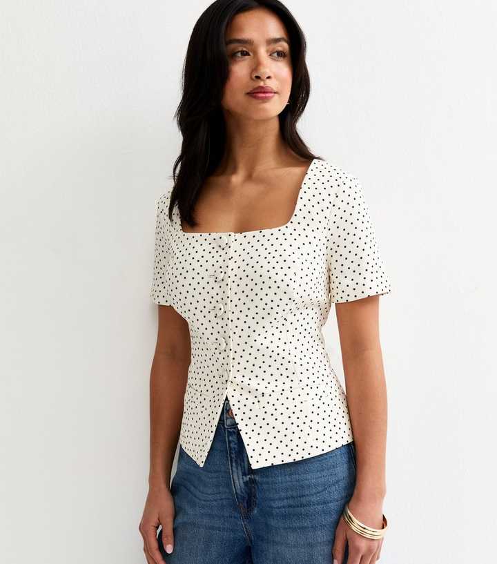 Petite White Spot Print Square Neck Short Sleeve Blazer Top