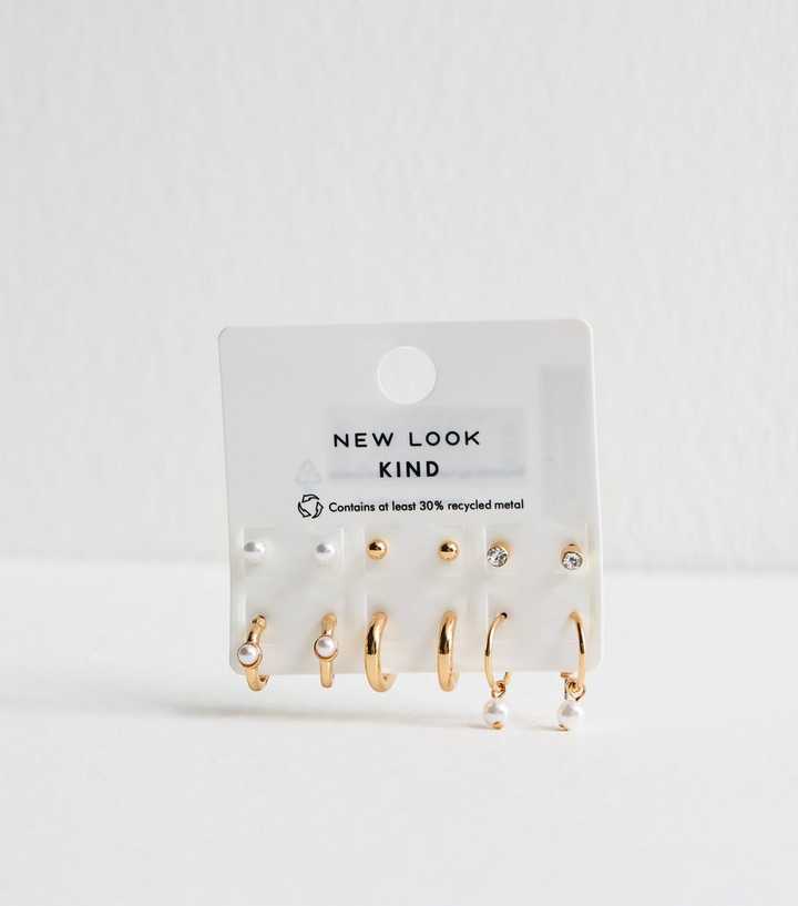 Pack of 6 Gold Tone Faux Pearl Mini Stud and Hoop Earrings