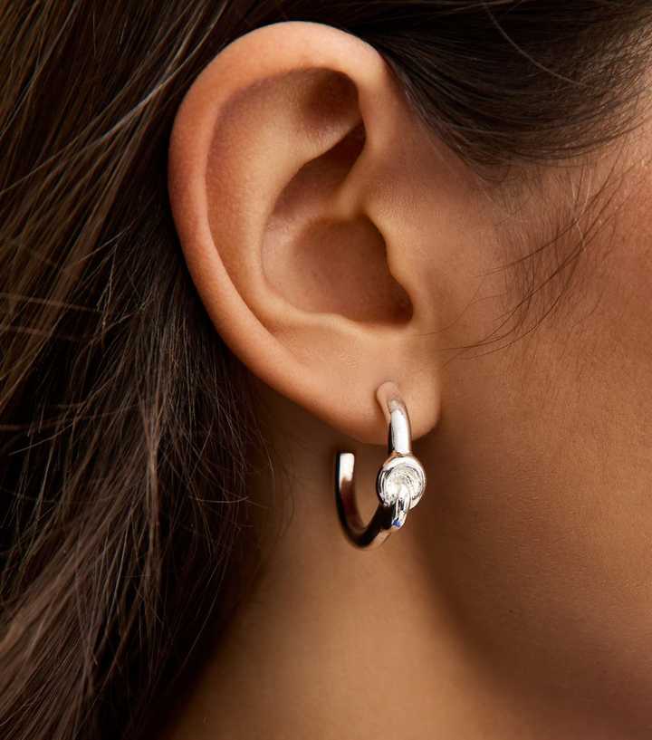 Silver Tone Knot Small Hoop Earrings