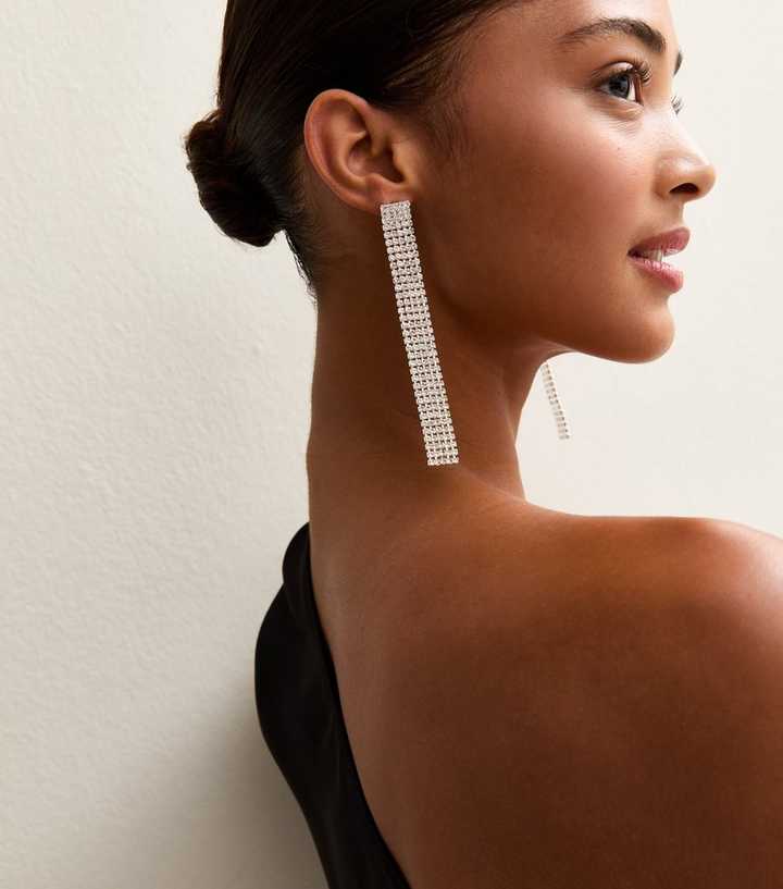 Silver Tone Extra Long Diamante Tassel Earrings