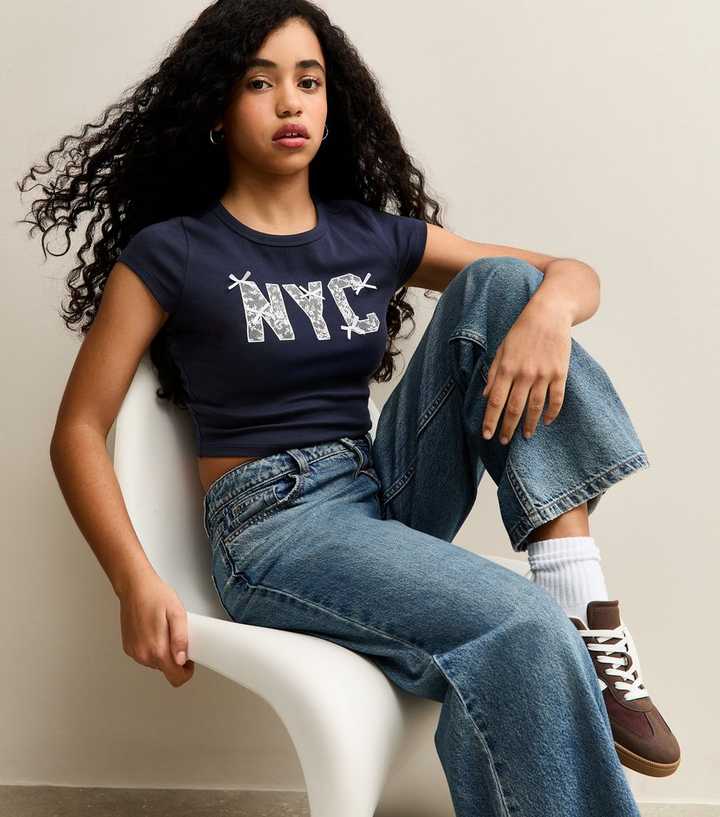 Girls Navy Lace NYC Logo T-Shirt