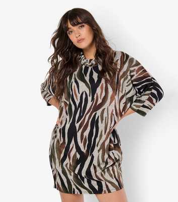 Apricot Rust Zebra Print Roll Neck Mini Dress