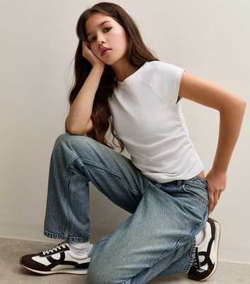 Girls White Ruched Side Raglan Sleeve T-Shirt