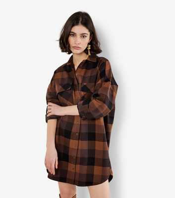 Apricot Brown Checked Double Pocket Shirt Dress
