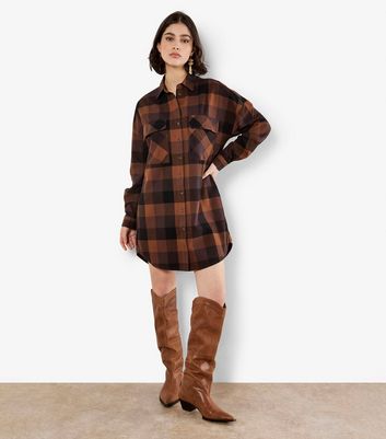 Apricot Brown Checked Double Pocket Shirt Dress | New Look