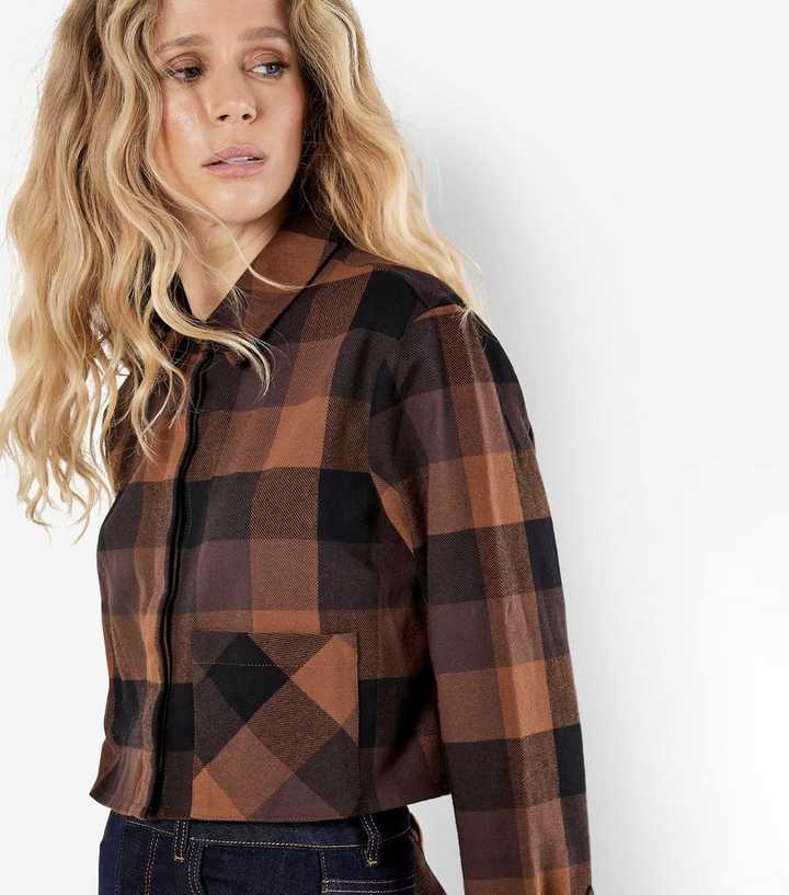 Apricot Brown Check Cropped Shirt