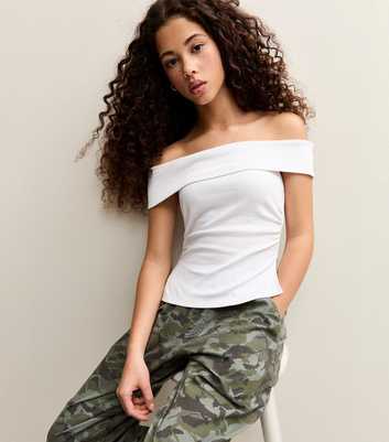 Girls White Ruched Side Bardot Top