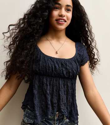 Girls Navy Lace Hanky Hem Cap Sleeve Top