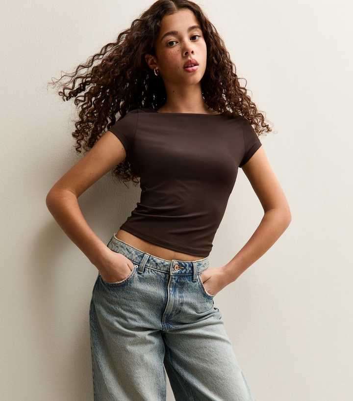 Girls Brown Slash Neck Slinky T-Shirt