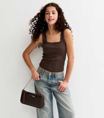 Girls Brown Lace Trim Square Neck Vest Top