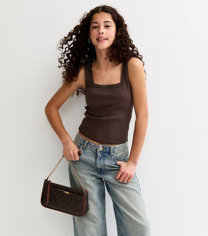 Girls Brown Lace Trim Square Neck Vest Top