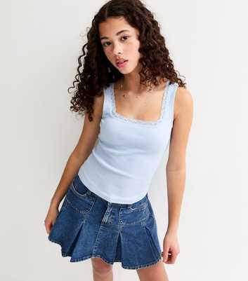 Girls Light Blue Lace Trim Square Neck Vest Top