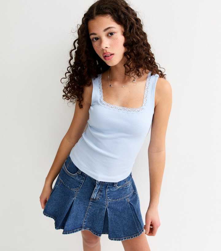 Girls Light Blue Lace Trim Square Neck Vest Top