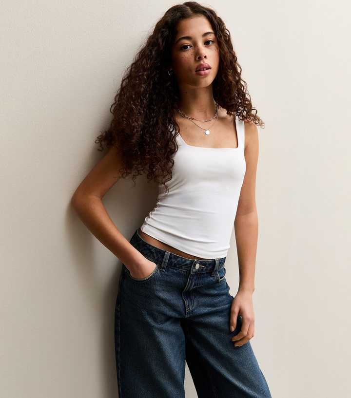 Girls White Slinky Square Neck Vest Top