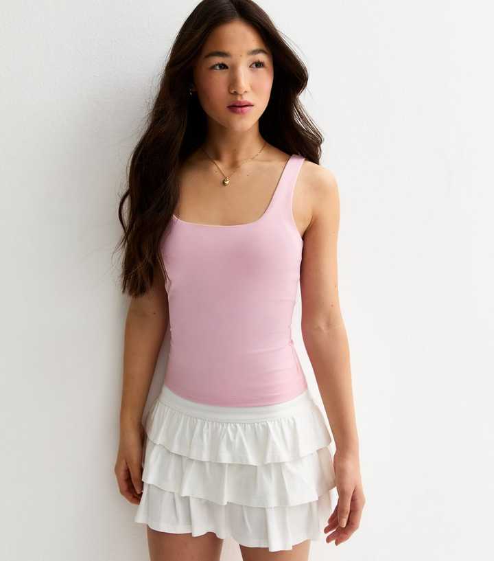 Girls Light Pink Slinky Square Neck Vest Top