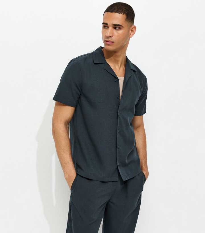 Navy Short Sleeve Regular Linen Look Shirt