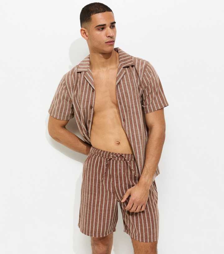 Brown Regular Striped Drawstring Shorts