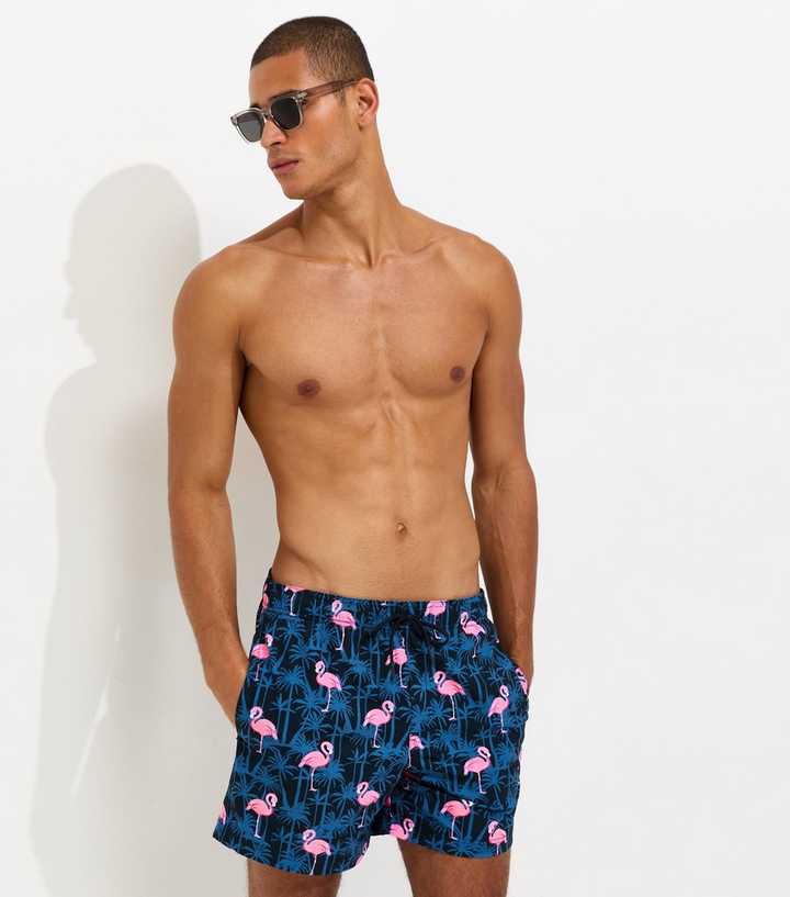 Jack & Jones Navy Relaxed Fit Flamingo Print Swim Shorts
