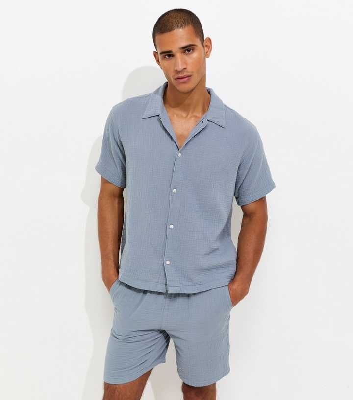 Jack & Jones Blue Cotton Seersucker Short Sleeve Shirt