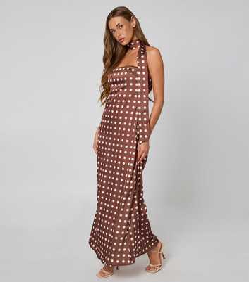 Urban Bliss Brown Polka Dot Tie Neck Maxi Dress
