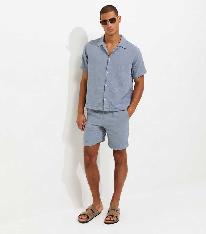 Jack & Jones Blue Cotton Seersucker Drawstring Shorts