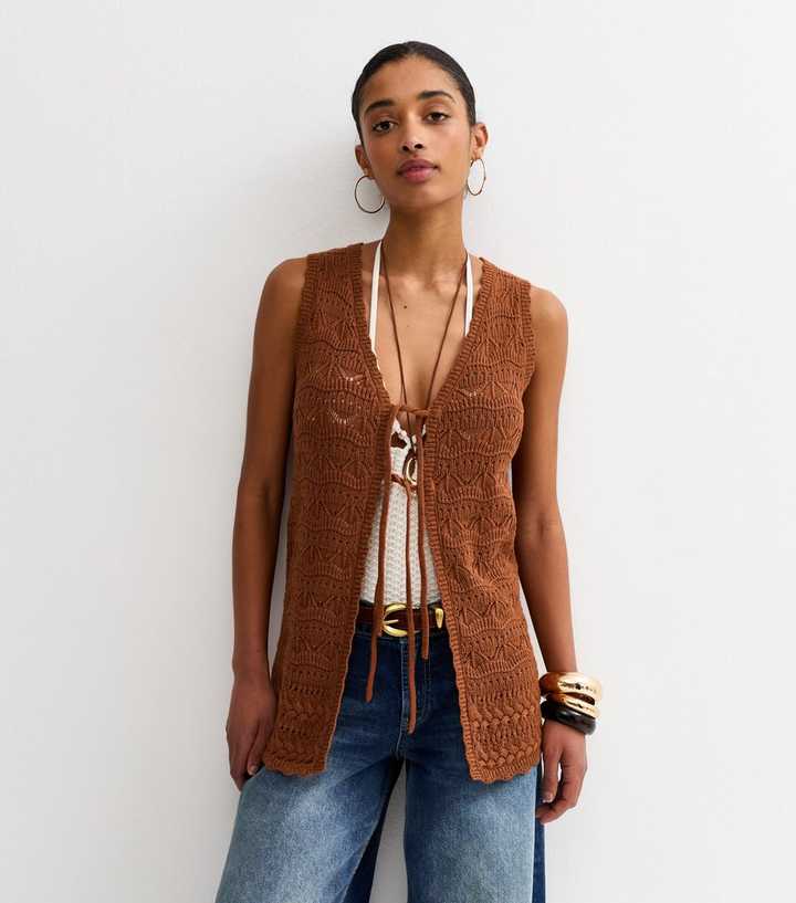 Tan Cotton Rich Wave Stitch Longline Tie Front Waistcoat