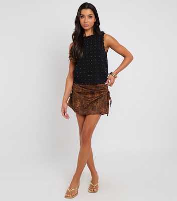Urban Bliss Brown Faux Suede Leopard Print Ruched Mini Skirt