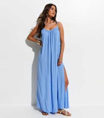 Light Blue Crinkle Texture Beaded Maxi Dress