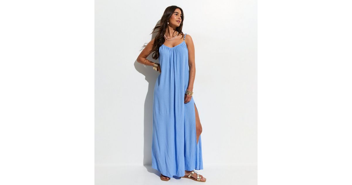 Light Blue Crinkle Texture Beaded Maxi Dress
