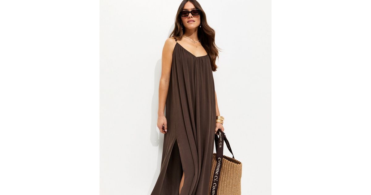 Petite Dark Brown Covered Beaded Strap Beach Maxi Dress