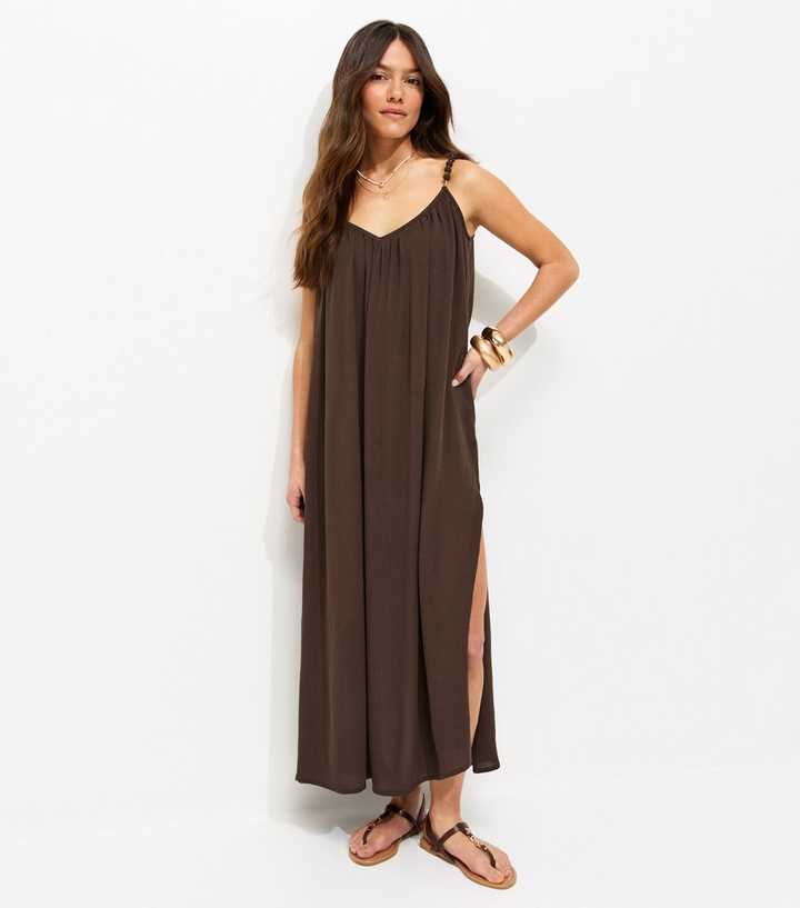 Petite Dark Brown Covered Beaded Strap Beach Maxi Dress | New Look