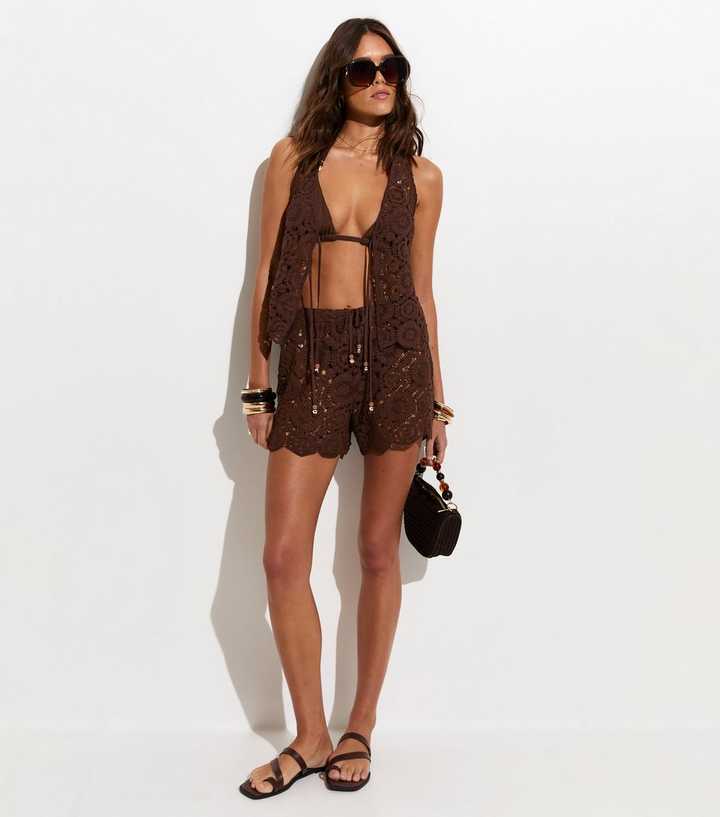 Dark Brown Tile Crochet Beach Shorts