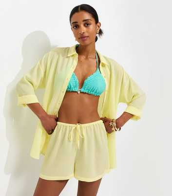 Light Yellow Crinkled Drawstring Beach Shorts