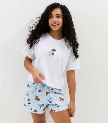 Girls White Cotton Capybara T-Shirt and Shorts Pyjama Set