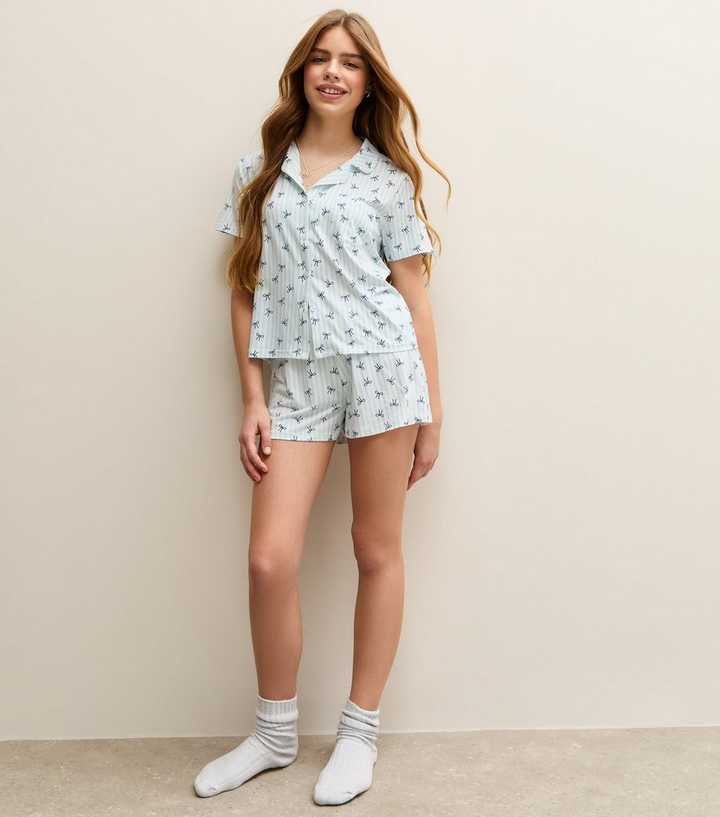 Girls White Jersey Bow Print Shirt and Shorts Pyjama Set