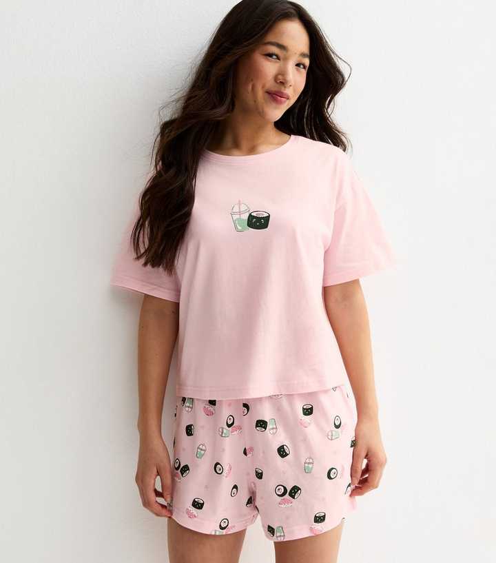 Girls Light Pink Sushi Print T-Shirt and Shorts Pyjama Set