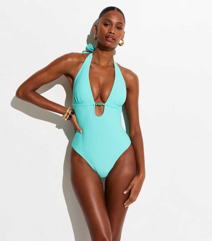 Turquoise Tummy Control Plunge Bead Swimsuit