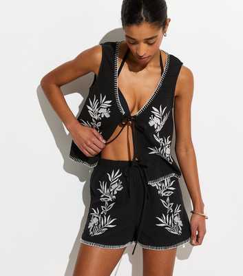 Black Cotton Embroidered Floral Beach Shorts