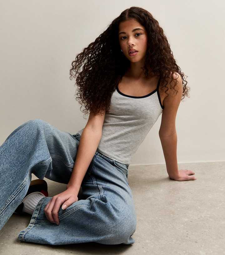 Girls Grey Jersey Scoop Neck Cami Top