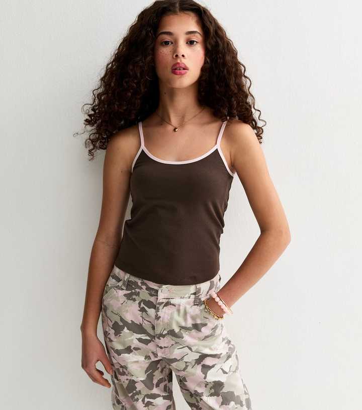 Girls Dark Brown Jersey Scoop Neck Cami Top