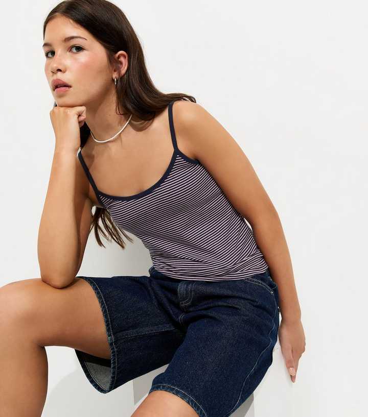 Girls Navy Striped Scoop Neck Cami Top