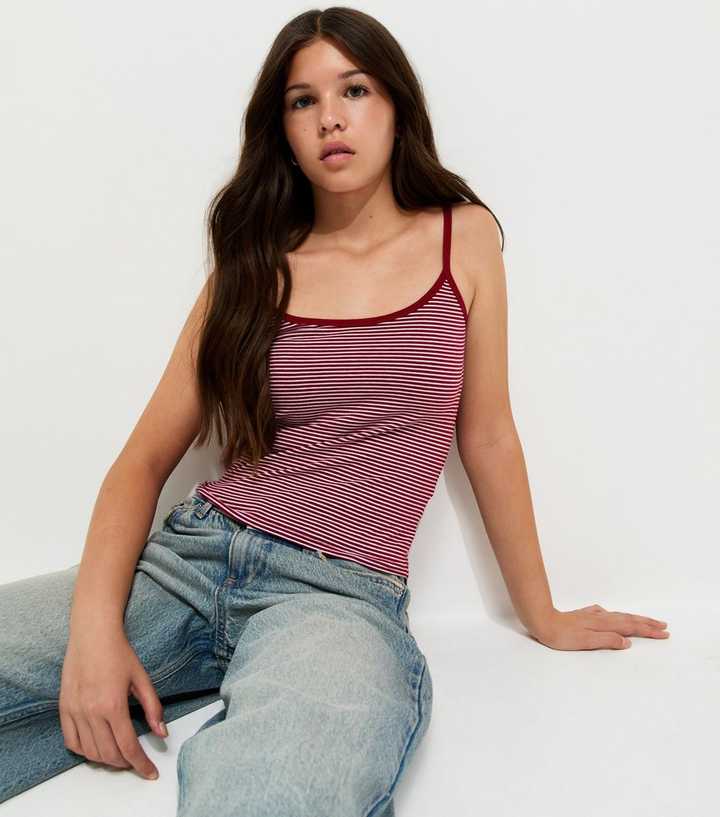 Girls Red Striped Scoop Neck Cami Top