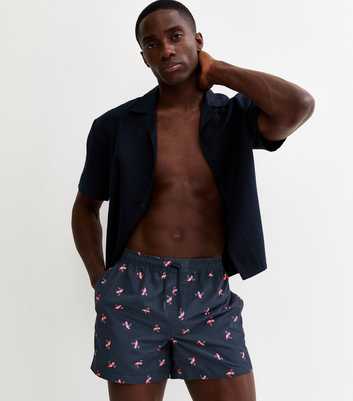 Blue Regular Flamingo Print Swim Shorts