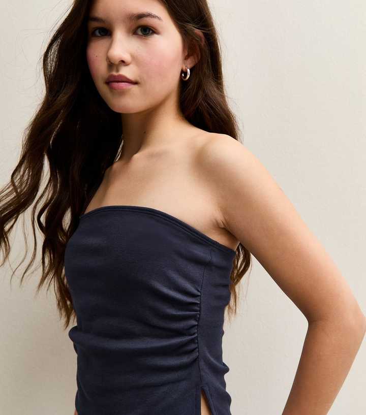Girls Navy Ruched Side Bandeau Top