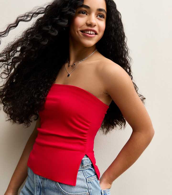 Girls Dark Red Ruched Side Bandeau Top