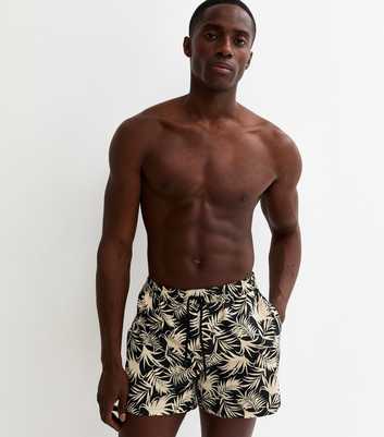Black Regular Leaf Print Swim Shorts