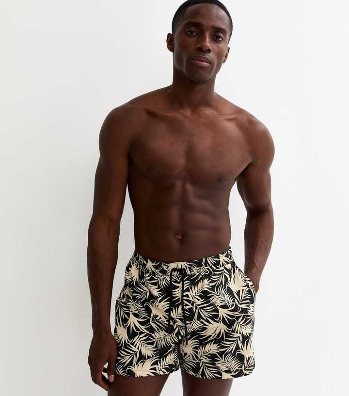 Black Regular Leaf Print Swim Shorts