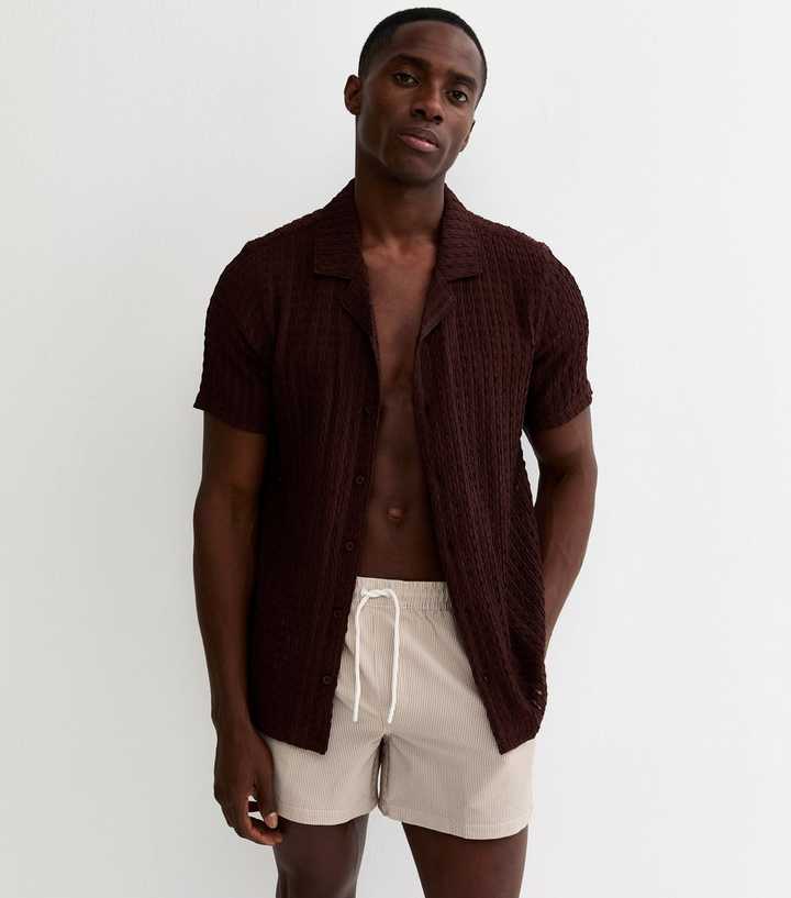 Brown Striped Seersucker Drawstring Swim Shorts