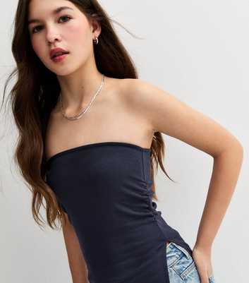 Girls Navy Asymmetric Ruched Side Bandeau Top