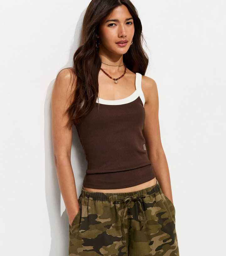 Brown Ribbed Scoop Neck Cami Top